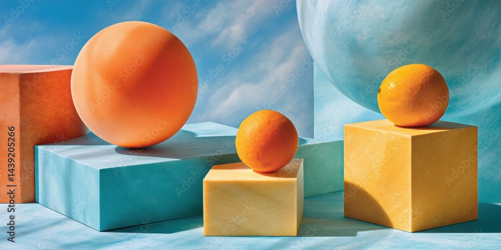 Poster geometric minimalism meets vibrant color theory abstract orange spheres on architectural cubes - con