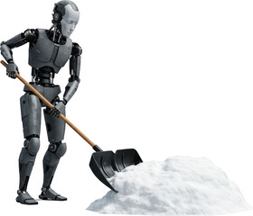 Naklejka premium Futuristic Robot Shoveling Snow Winter AI Artificial Intelligence Automation Technology