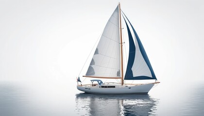 Fototapeta premium A white sailboat glides across the vast ocean under a painted sunset sky