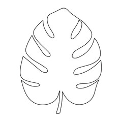 Elegant minimalist line art illustration of a single Monstera deliciosa leaf. Simple black lines on white background, perfect for home decor prints, posters, and modern website design.