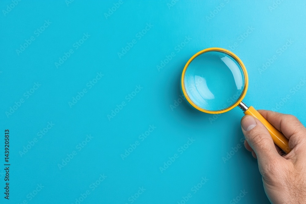 Poster minimalist quality assurance sleek magnifying glass on vibrant azure background - digital verificati