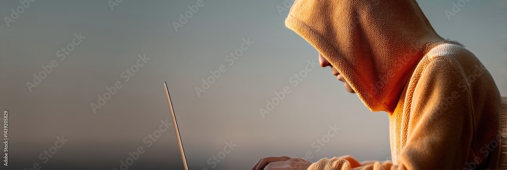 Poster Cyber Enigma Anonymous Tech Professional in Golden Hour Minimalism - Next-Gen Digital Security Narrative Exploring Remote Work and Cybersecurity Resilience
