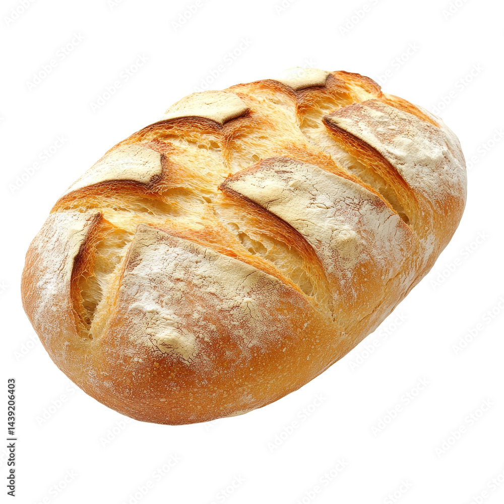 Poster freshly baked artisan bread resting on a transparent background with visible texture and crust, cold