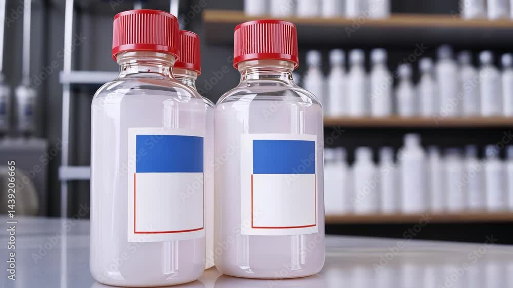 Poster clear plastic bottles with red caps and blank labels on table in laboratory setting with shelves of 