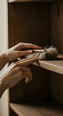 Woman dusting wooden shelves with feather duster home spring cleaning chores tidying organizing house cleaning routine