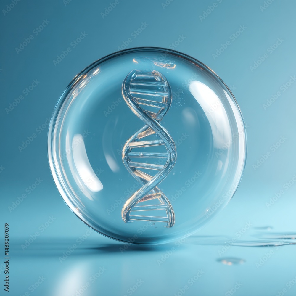 Poster transparent bubble reveals intricate dna structure in a minimalist setting during a science-focused 