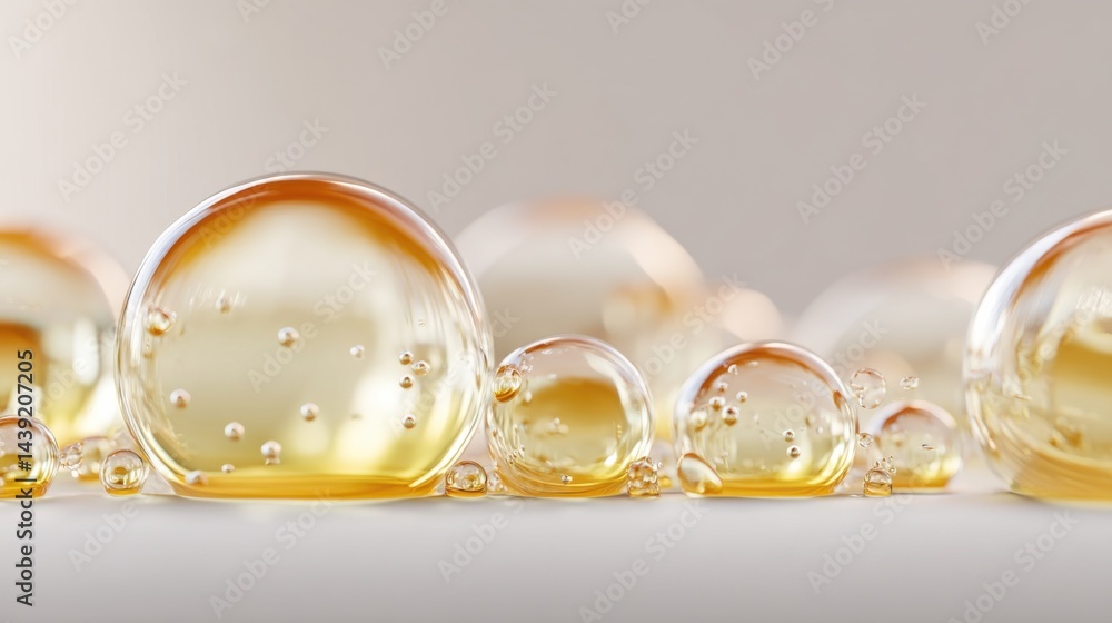 Poster visual representation of translucent bubbles filled with amber liquid on a light background