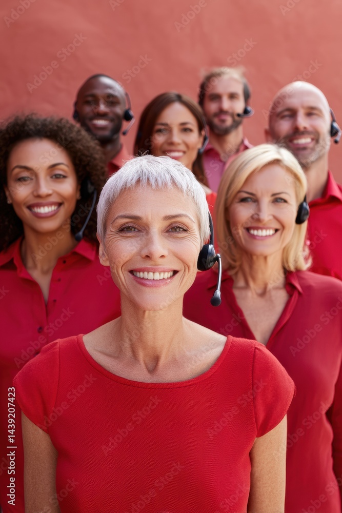 Poster empowered workforce diversity dynamic multi-generational customer support team in bold red, showcasi