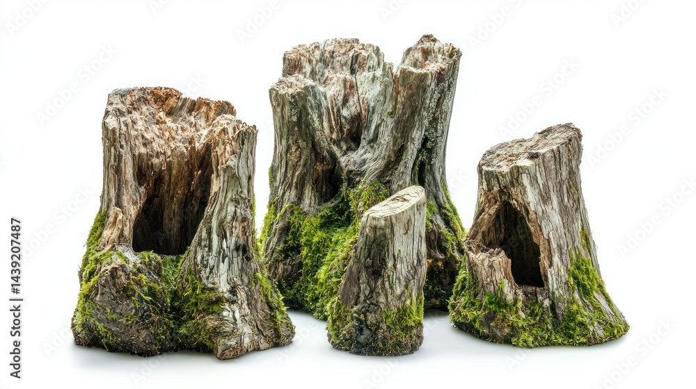 Poster group of hollow tree trunks with moss and rough texture on white surface.