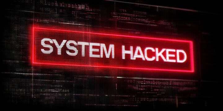User interface alert displays message indicating a system breach with red neon text against a dark digital background - Powered by Adobe