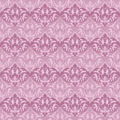 Seamless pink and violet classic damask pattern with ornate vintage floral motif design. Perfect for luxury wallpaper, textiles, or stationery.
