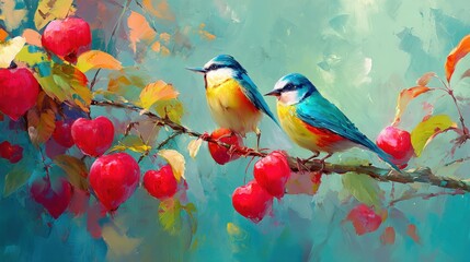 Two colorful birds perched on a branch with red apples, surrounded by vibrant leaves in a painterly, artistic style.