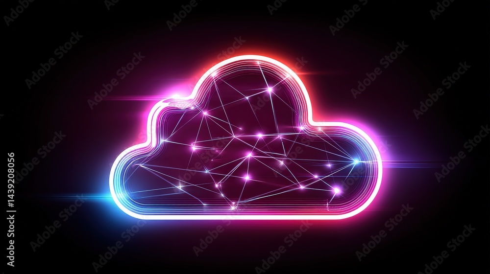 Poster a glowing neon cloud icon with network connections, symbolizing digital cloud computing and data sto