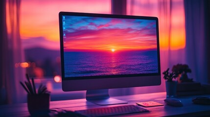 Sunset computer display, home office