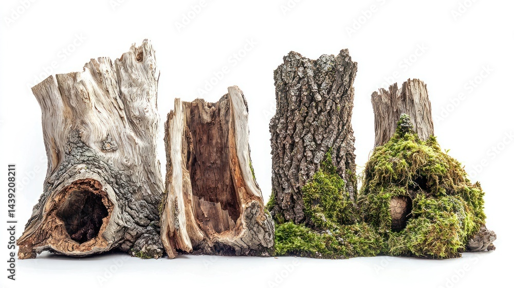 Poster group of hollow tree trunks with moss and rough texture on white surface.