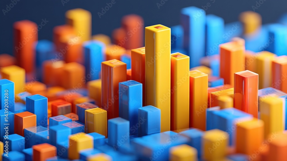 Poster colorful 3d bar chart with blue, orange, and yellow blocks representing data visualization in an abs