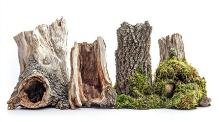 Group of hollow tree trunks with moss and rough texture on white surface.