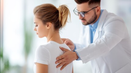Health professional conducts a spinal assessment with a female patient in a modern clinic setting