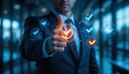Thumbs Up Gesture in Business Suit. Digital Check Icons Representing Achievement, Reliability, and Quality Assurance