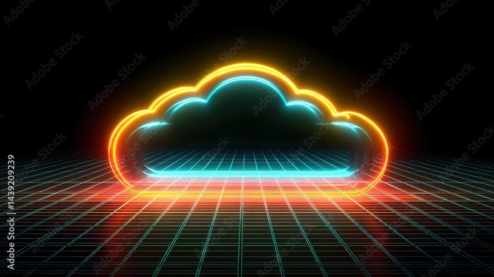 Poster a neon cloud icon glows over a digital grid, symbolizing modern cloud computing and futuristic techn
