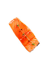Top view photo of a fillet or piece of raw salmon meat with pepper or spices prepared for cooking isolated and generated with AI in png file format