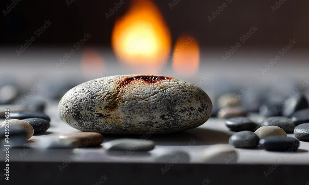 Poster close-up of a unique stone with a red mark surrounded by smooth pebbles and a warm glow in the backg