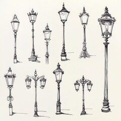 Various hand drawn illustrations showing classical style street lamp designs