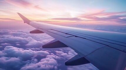 Obraz premium Airplane wing over clouds at sunset (1)