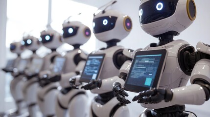 Group of humanoid robots holding digital screens displaying live assistance for online consultations, white background.
