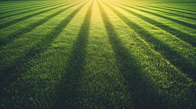 Perfectly manicured lawn, illuminated by sunlight's rays.