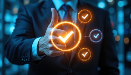 Corporate Leader Showing Approval. Thumbs Up with Futuristic Checkmarks for Business Integrity, Success, and Trust