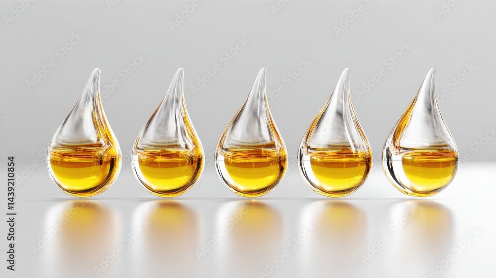 Poster clear liquid drops arranged in a row on a soft, neutral background highlighting their shiny surfaces