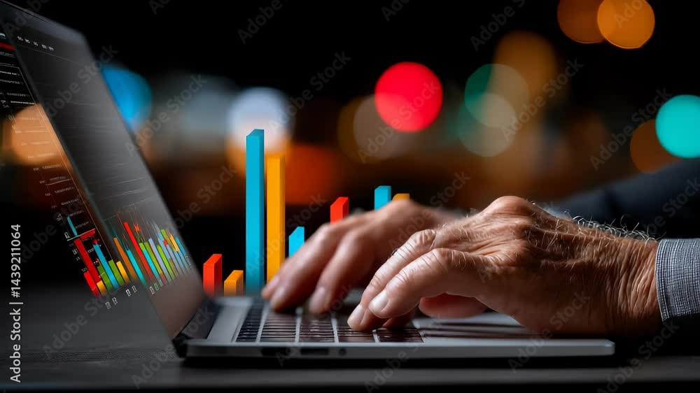 Aufkleber hands typing on laptop with data visualization