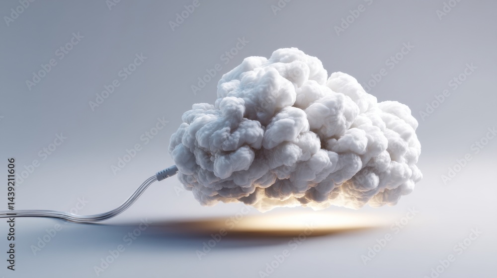 Poster conceptual illustration of cloud computing with a cloud connected to a cable emitting light in a min