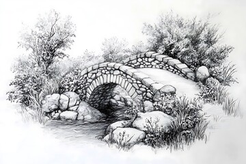 A pencil illustration of bridge in winter