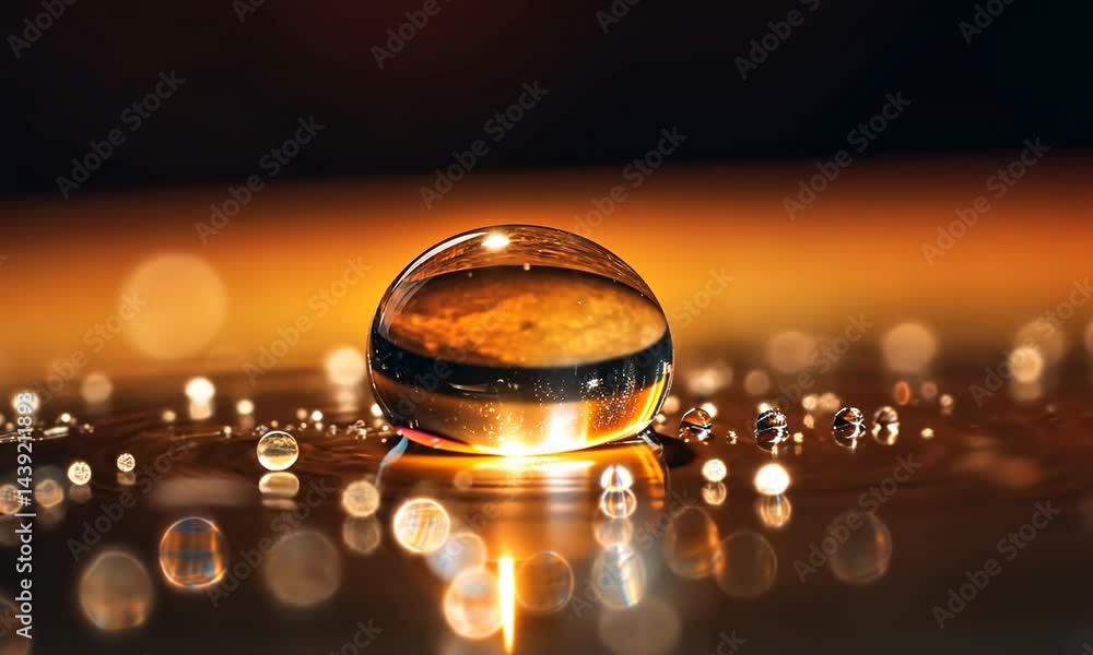 Poster close-up of a water droplet reflecting light on a smooth surface with shimmering bokeh effects