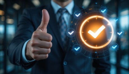 Corporate Leader Showing Approval. Thumbs Up with Futuristic Checkmarks for Business Integrity, Success, and Trust