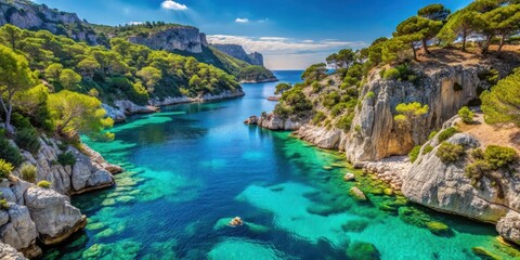 Obraz premium Deep turquoise water of Calanque de Port Miou fjord with rocky cliffs and lush greenery in the French Riviera