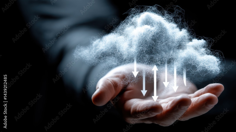 Poster hand holding digital cloud with arrows representing data transfer and technology concepts