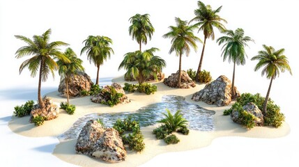 Group of isolated palm-covered islands with small sandy beaches on white background.
