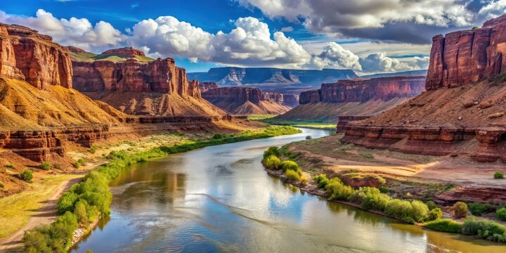 Colorado River flowing through majestic sandstone mesas in Moab's Arches National Park, southwestern usa, desert geology