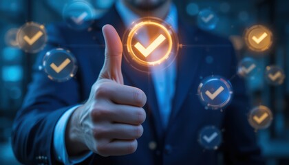 Professional Thumbs Up with Digital Tick Symbols. Modern Concept of Success, Reliability, and Quality Approval in Business