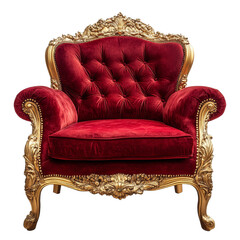 Elegant red luxury armchair with gold accents on a transparent background for stylish interior decor, red luxury armchairwith gold isolated transparent background