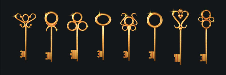 Gold key. Old golden lock for vintage luxury house door, antique ornate metal symbol. Creative luxury metallic texture, elegant bronze safe object. Vector icons design realistic isolated set