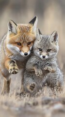 Fox cub and parent playing in a field, showcasing wildlife behavior for nature documentaries
