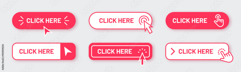 Aufkleber Click here button. Order now shop link. Mouse web for finger tap. Infographic cursor. Banner with arrow. Website subscribe. Online shopping. Computer interface. Vector internet icon set