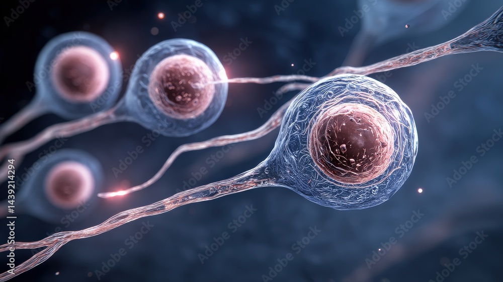 Poster microscopic view of neurons with glowing synapses, illustrating neural connections and brain activit