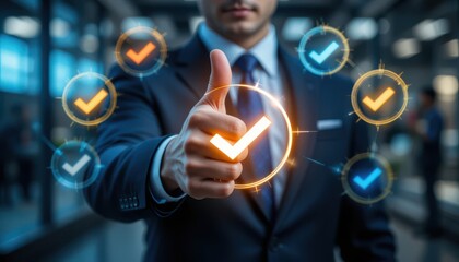 Professional Thumbs Up with Digital Tick Symbols. Modern Concept of Success, Reliability, and Quality Approval in Business
