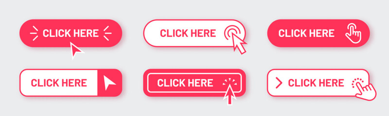 Click here button. Order now shop link. Mouse web for finger tap. Infographic cursor. Banner with arrow. Website subscribe. Online shopping. Computer interface. Vector internet icon set