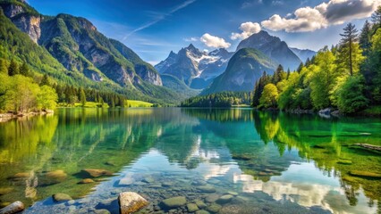 Fototapeta premium Serene lake surrounded by towering Bavarian Alps in Berchtesgaden National Park, germany, berchtesgaden, germany, berchtesgaden